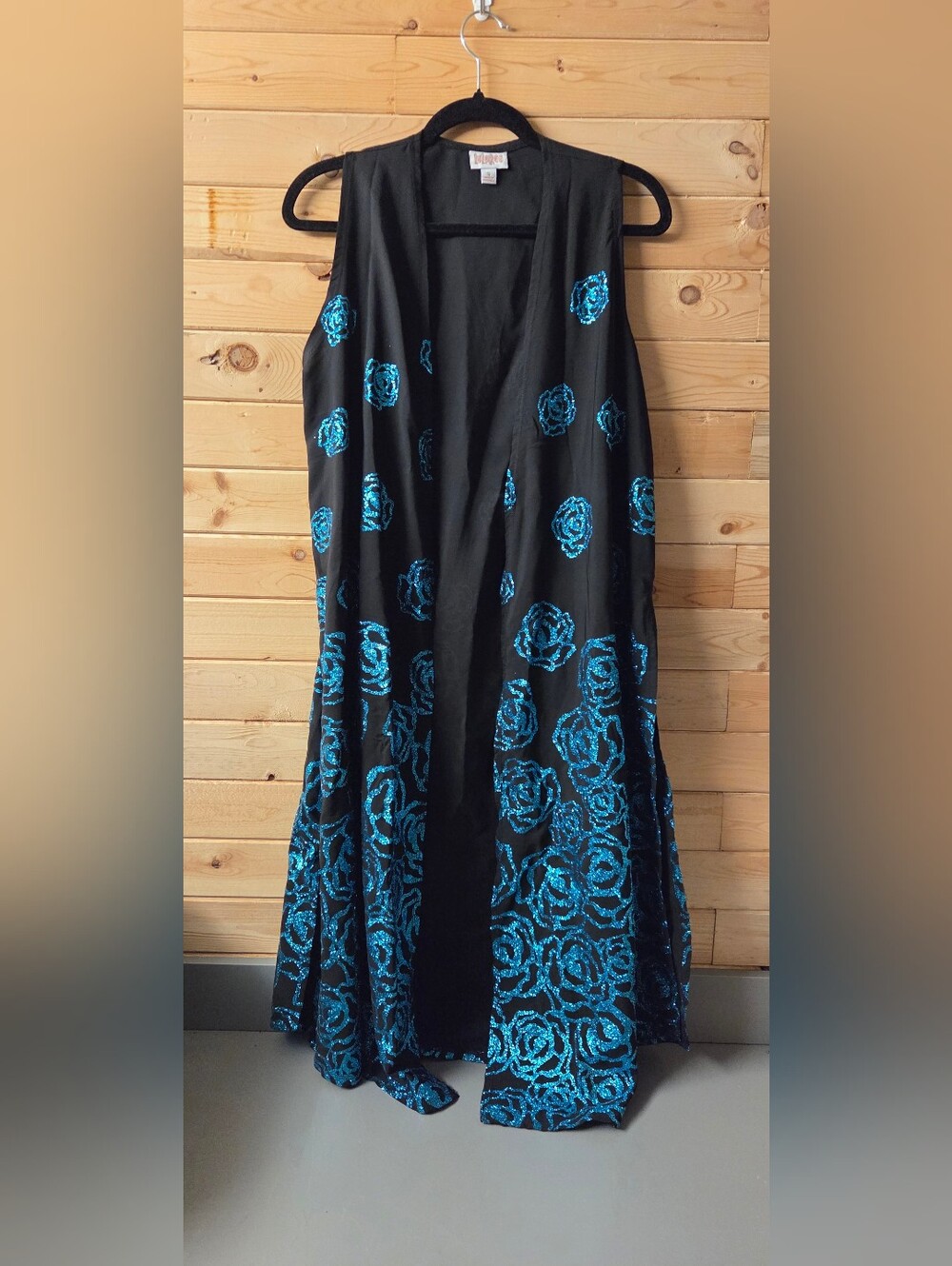 NWT LuLaRoe Black Long Vest with Blue Sparkle Rose Accents Size Small